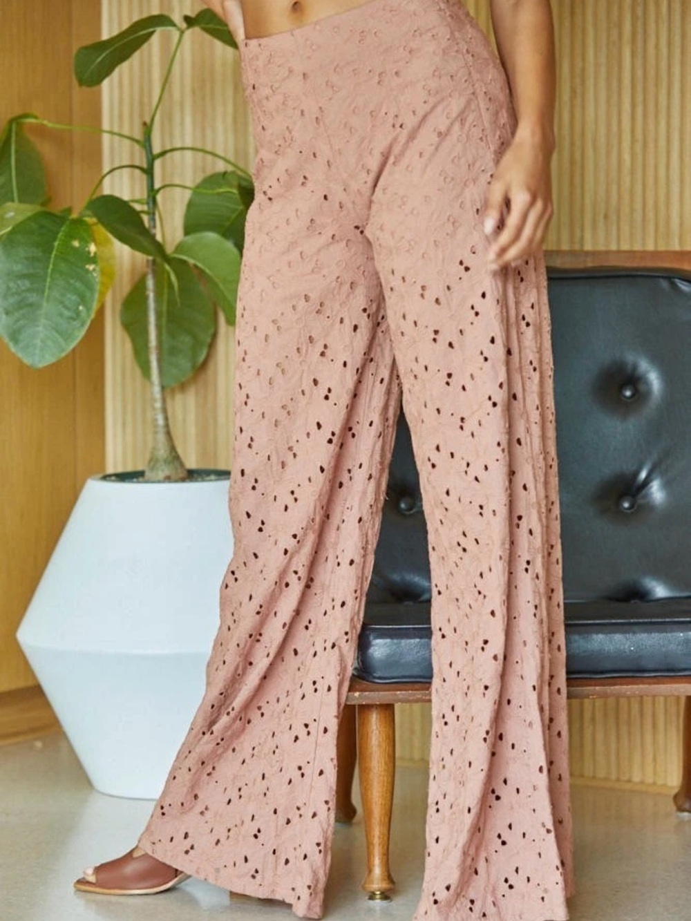 NWT By Together Tessa Eyelet Wide Leg Pants Mauve Dust Rose Floral Boho S M L